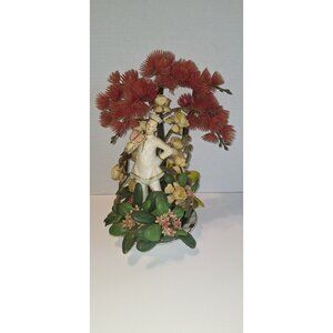 Vintage Asian bonsai plastic flowers man in garden mid-century modern Chinese